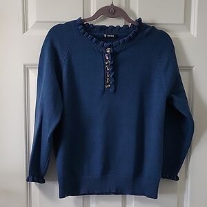 BTFBM Elegant Blue Henley Sweater with Button Accents And Lettuce Hem SZ S
